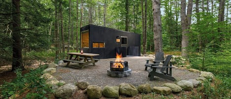A cabin surrounded by a natural forest setting with a fire pit and outdoor seating.