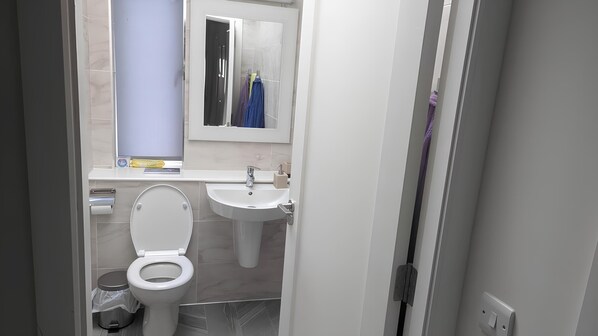 A modern bathroom with a toilet, sink, and mirror. - Private Rooms in a Peaceful Neighborhood (Lucan)