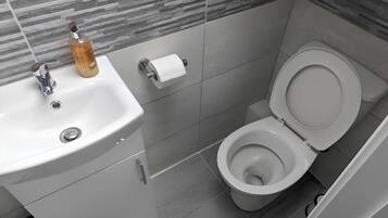 A modern bathroom with a white sink, a toilet, and a soap dispenser.