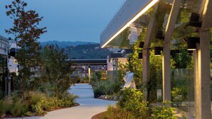 Un sendero conduce a un edificio moderno con paneles de vidrio y un jardín ajardinado.