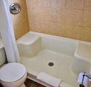 Shower, hair dryer, shampoo