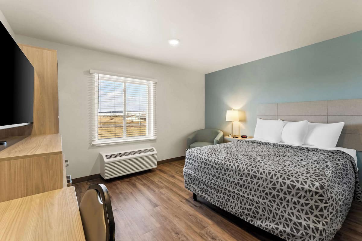 Une chambre d’hôtel comprenant un lit, un bureau, une chaise, une télévision, une fenêtre avec des stores et une lampe fixée au mur.