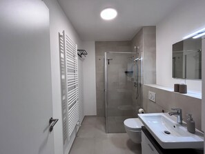 Hair dryer, towels, soap, toilet paper