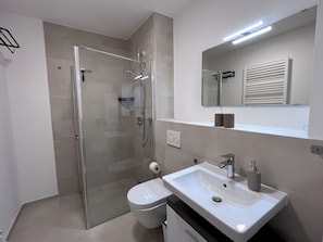 Hair dryer, towels, soap, toilet paper