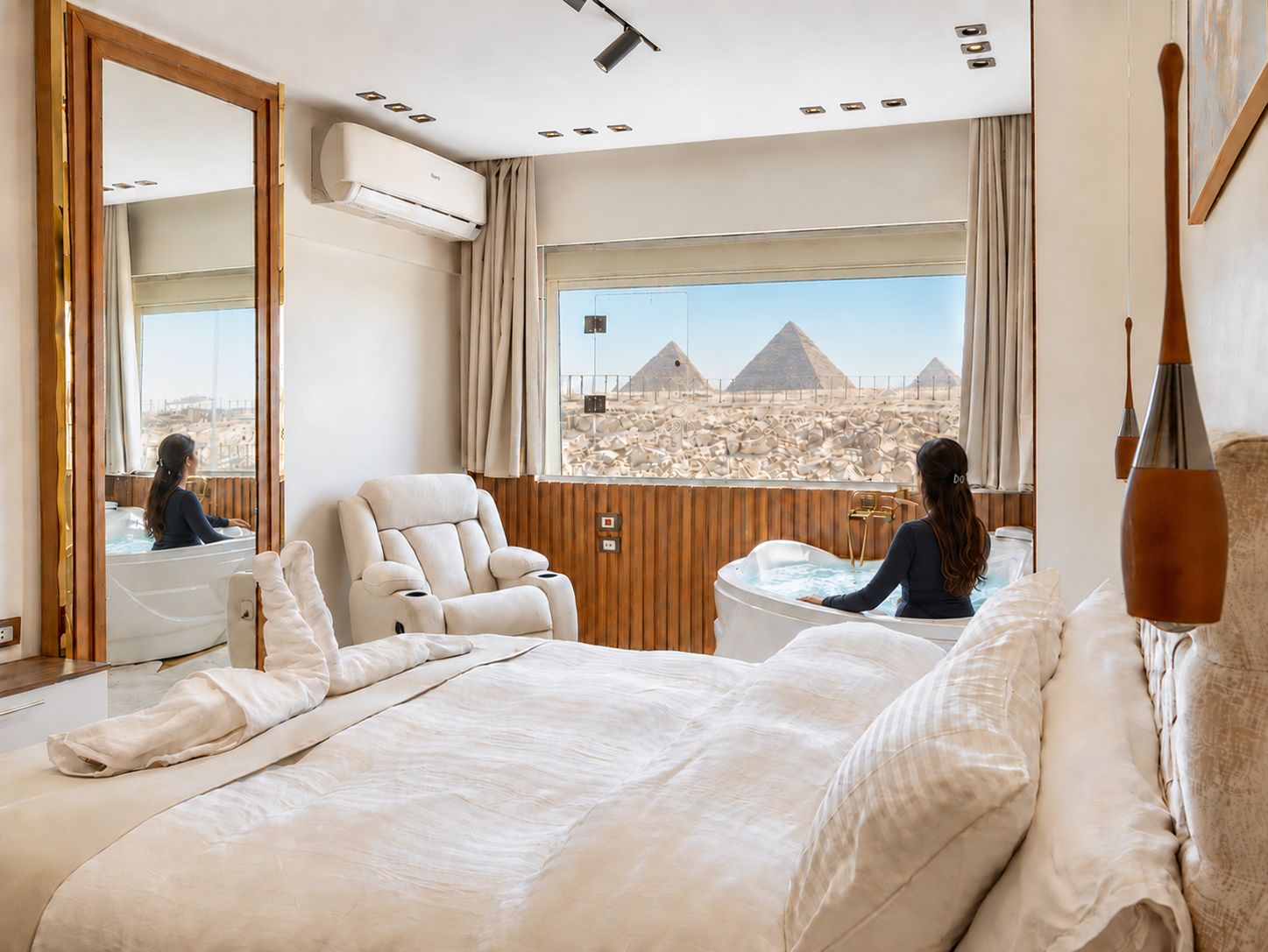 A hotel room with a large bed, a sitting area, and a view of the pyramids.