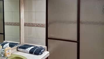 Hair dryer, towels, soap, toilet paper