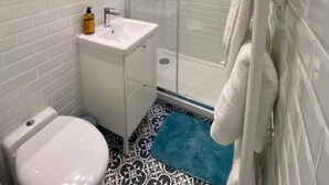 A modern bathroom with a glass shower enclosure, a white sink, and a large mirror. - Top floor Paris studio - view of rooftops and monuments  (Paris)