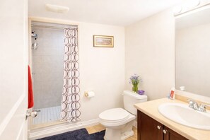 Secadora de cabello, toallas, jabón, papel de baño 