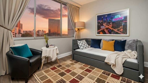 Una sala de estar moderna con un sofá, una mesita y vistas a un paisaje urbano al atardecer.