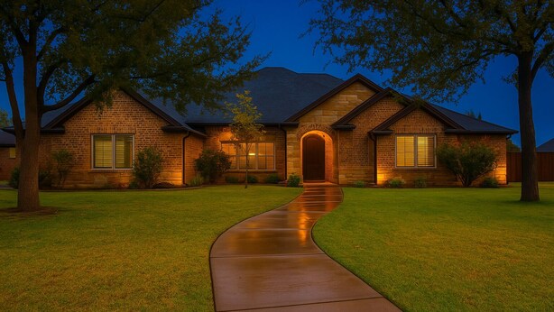 A brick house with a covered driveway, surrounded by trees and well-maintained lawn. - Fountain Hills Grandeur (Lubbock)