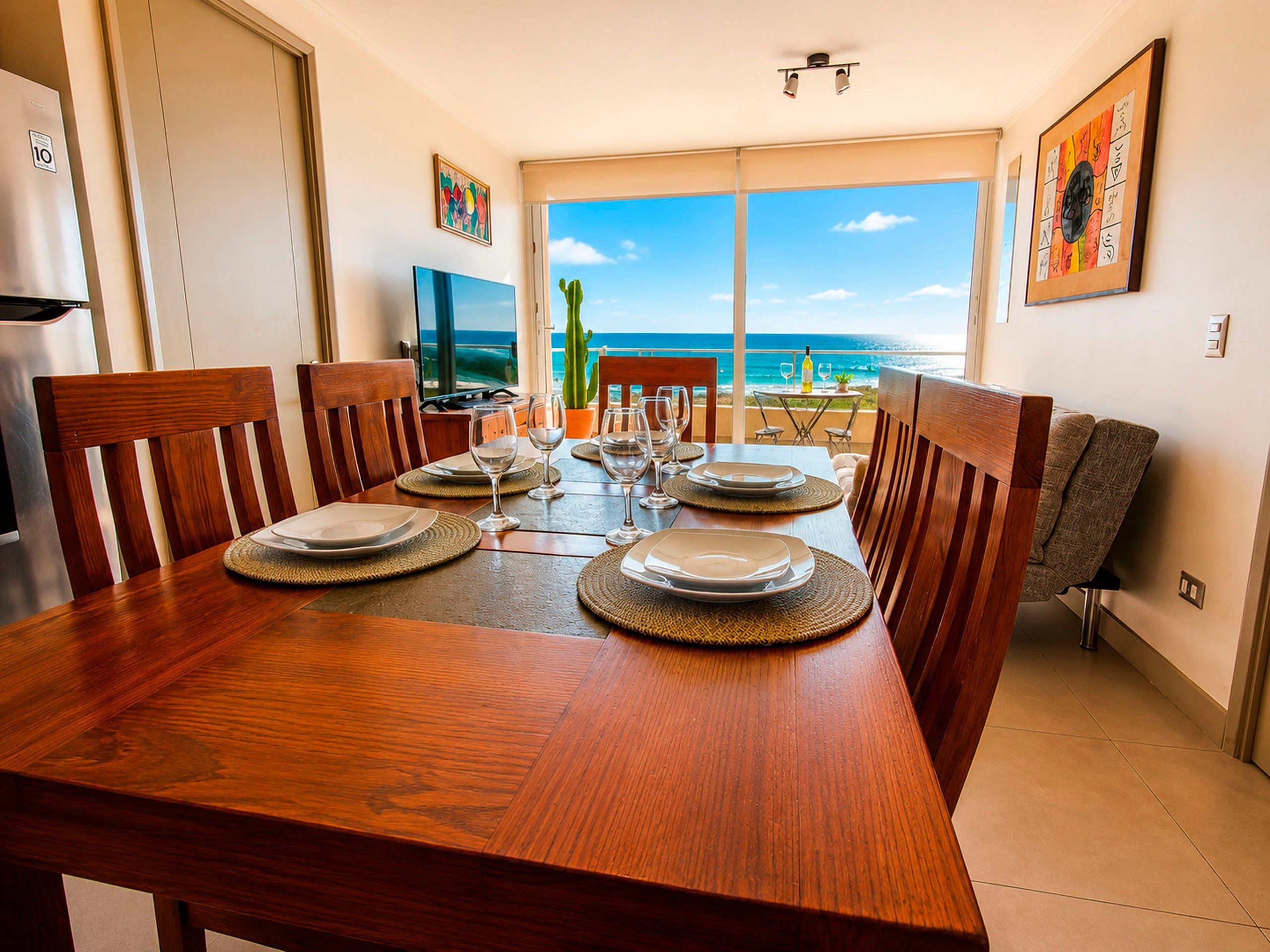 Un coin repas avec une table en bois dressée pour quatre personnes, un téléviseur et un cactus posé sur le rebord de la fenêtre.