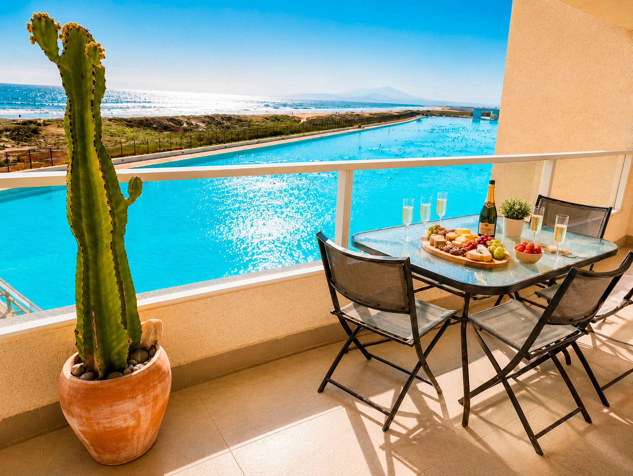 Een balkon met een eettafel, met uitzicht op een wateroppervlak en een veraf gelegen landschap.