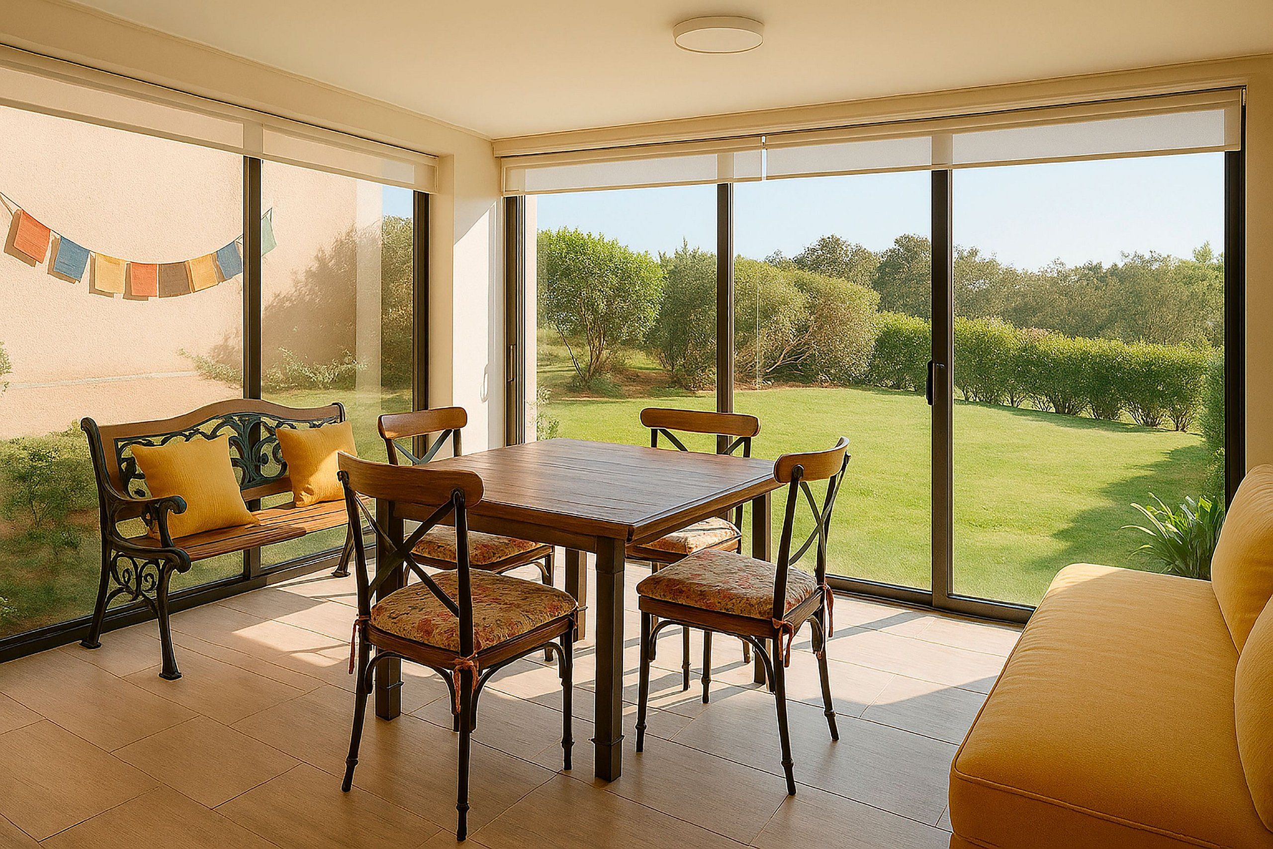 Une terrasse ensoleillée avec une table et des chaises en bois, un banc rembourré et une vue sur un paysage verdoyant, visible à travers de grandes fenêtres.