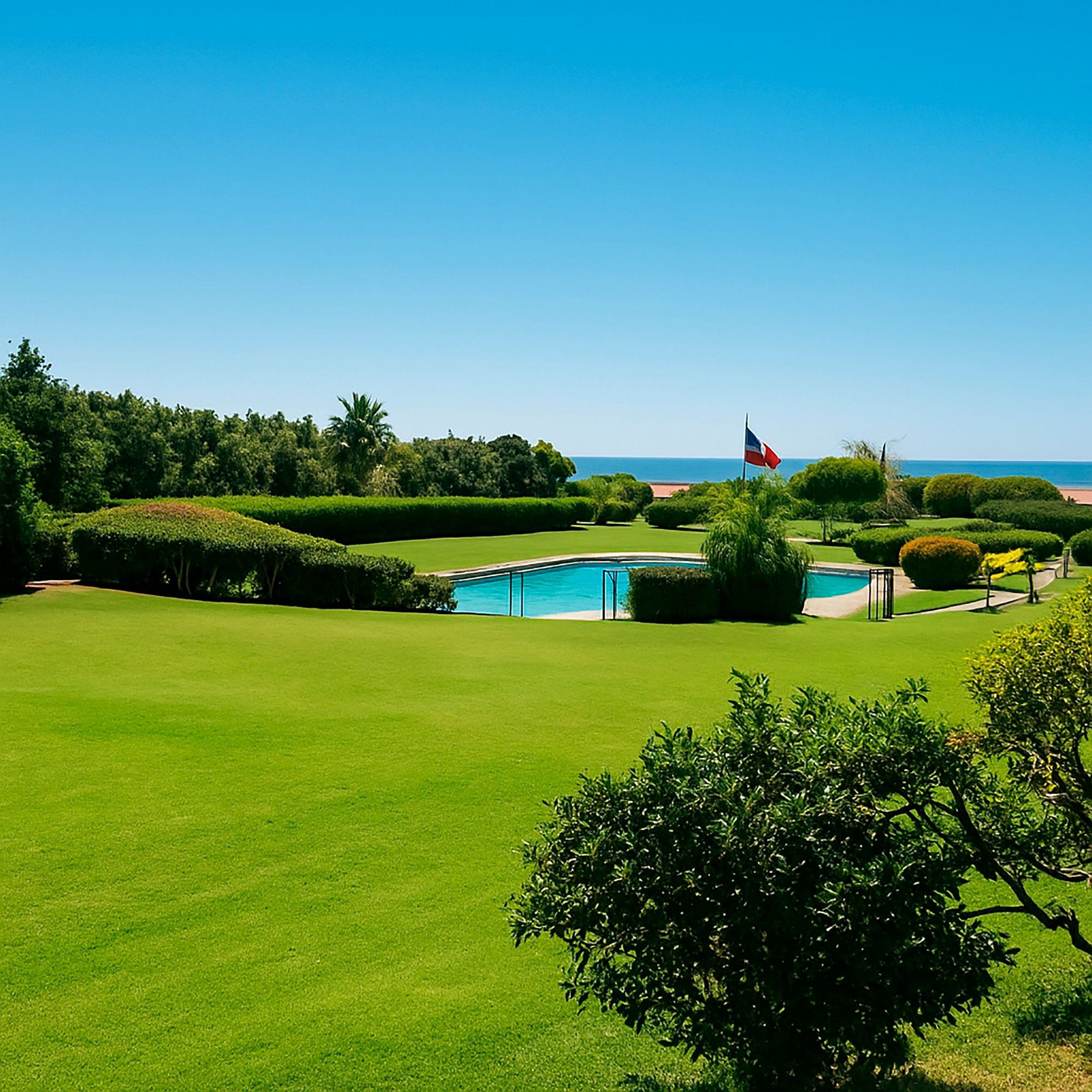Un parcours de golf doté d’une piscine, d’un mât de drapeau et offrant une vue sur la mer.