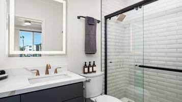 Hair dryer, towels, soap, shampoo