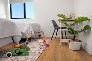 2 bedrooms, desk, iron/ironing board, travel cot