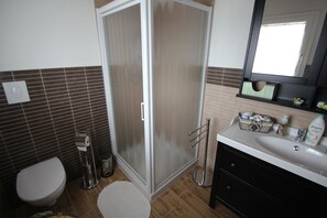Shower, hair dryer, bidet, towels