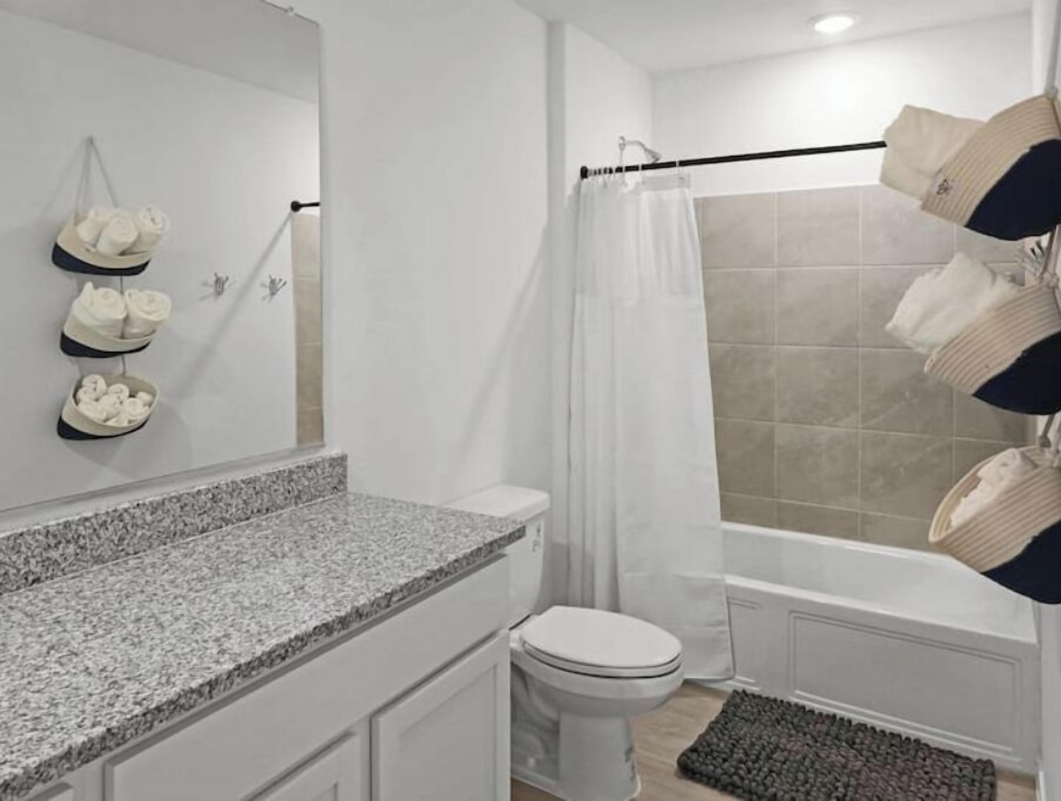 Hair dryer, towels, soap, toilet paper