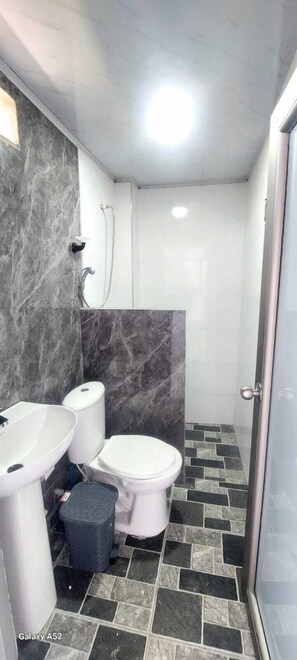 Shower, towels, soap, toilet paper