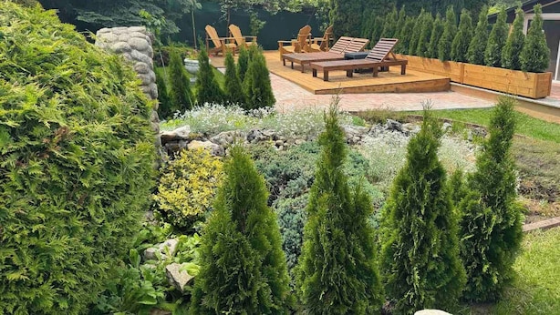 Ein angelegter Garten mit Holzterrasse, Liegestühlen und verschiedenen Sträuchern und Bäumen.
