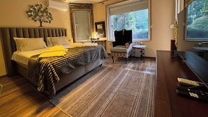 Une chambre moderne avec un grand lit, une petite table, une chaise et un téléviseur.