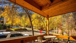 A covered outdoor seating area with a view of a street and autumn trees. - Fasching Haus 03 (Aspen)