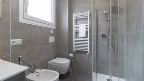 Shower, hair dryer, bidet, towels