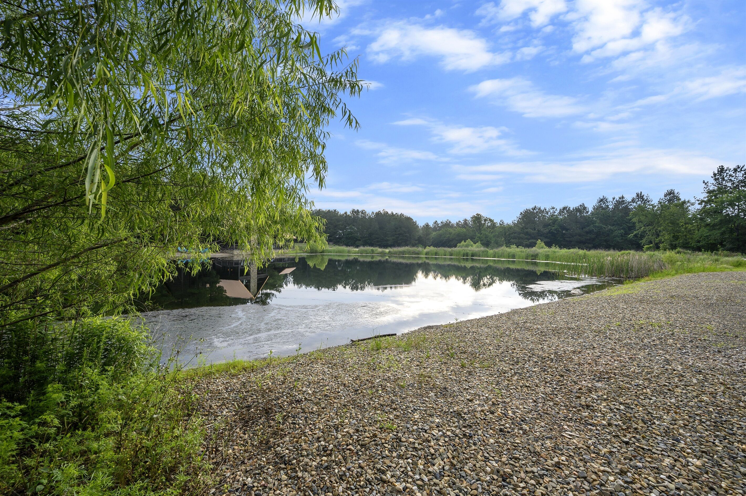A serene lakeside setting with a gravel path leading to a calm water body, surrounded by lush greenery and trees.