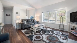 A living room with a gray sofa, a coffee table, a patterned rug, a TV, and a window with blinds.
