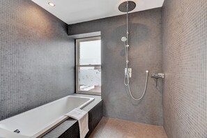 Hair dryer, towels, toilet paper