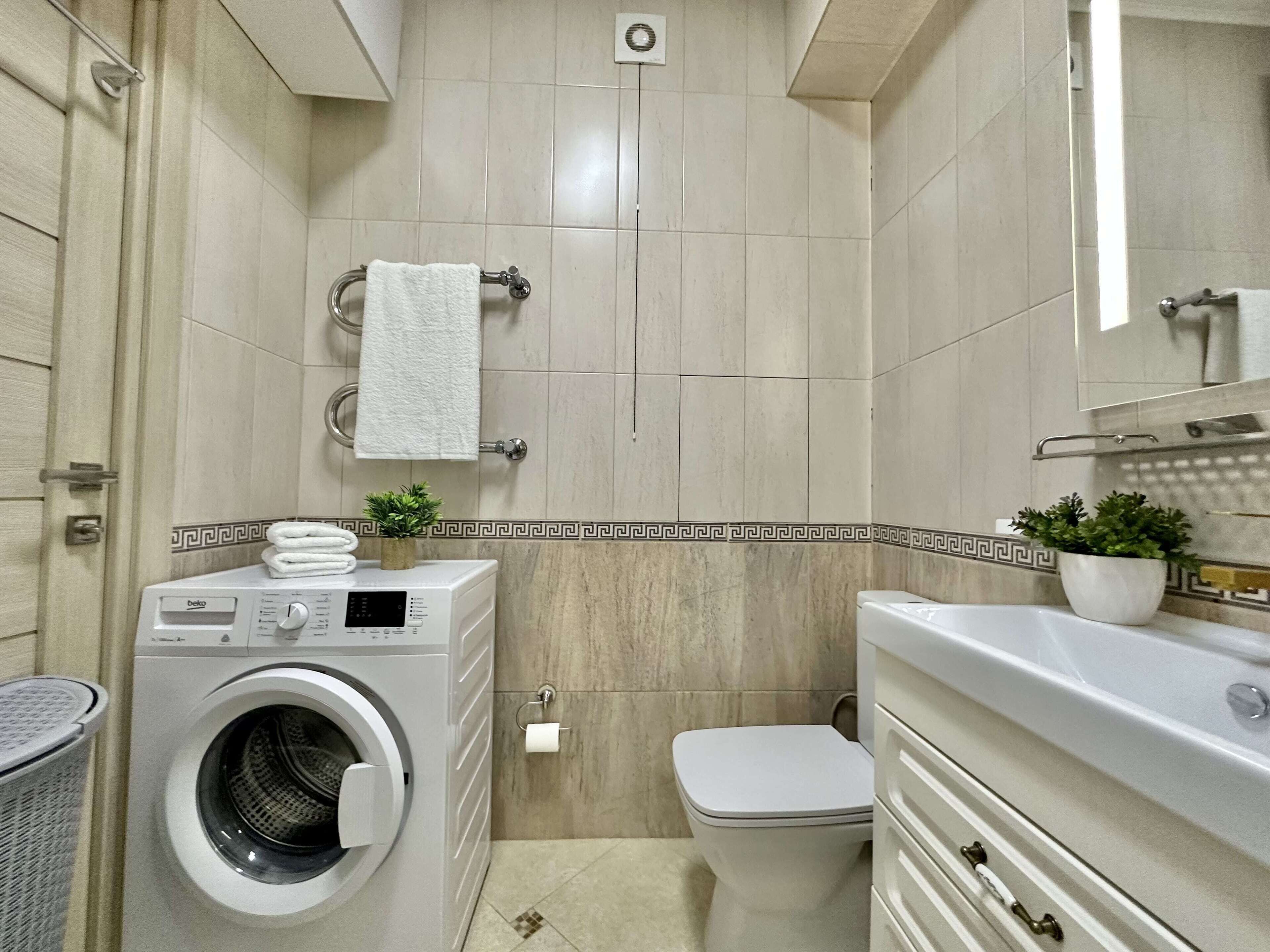 Hair dryer, towels, soap, toilet paper