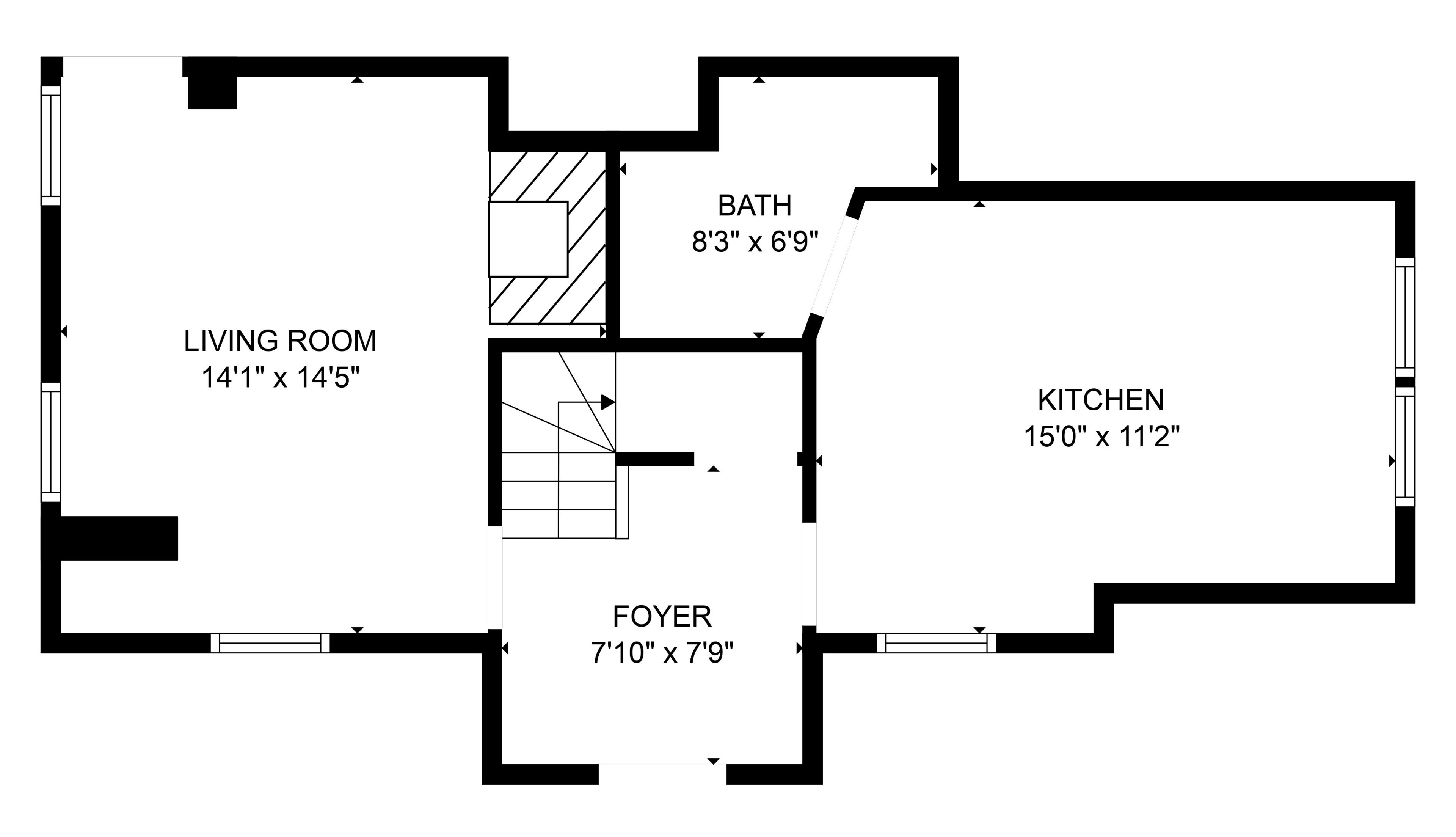 A floor plan with a living room, kitchen, foyer, and bathroom.