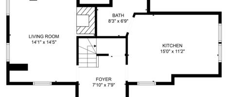 A floor plan with a living room, kitchen, foyer, and bathroom.