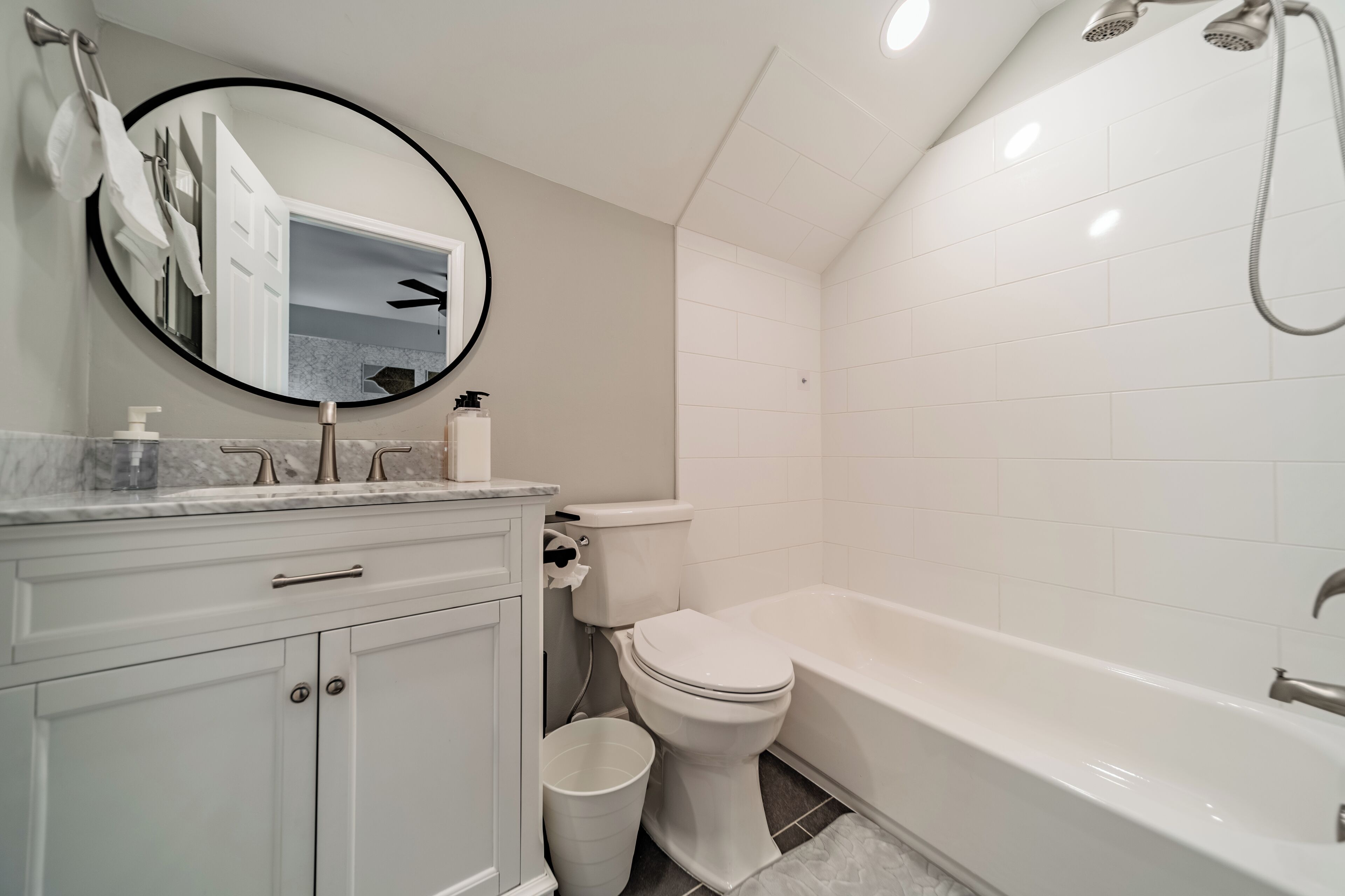 Hair dryer, towels, soap, toilet paper
