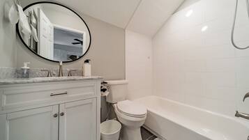 Hair dryer, towels, soap, toilet paper