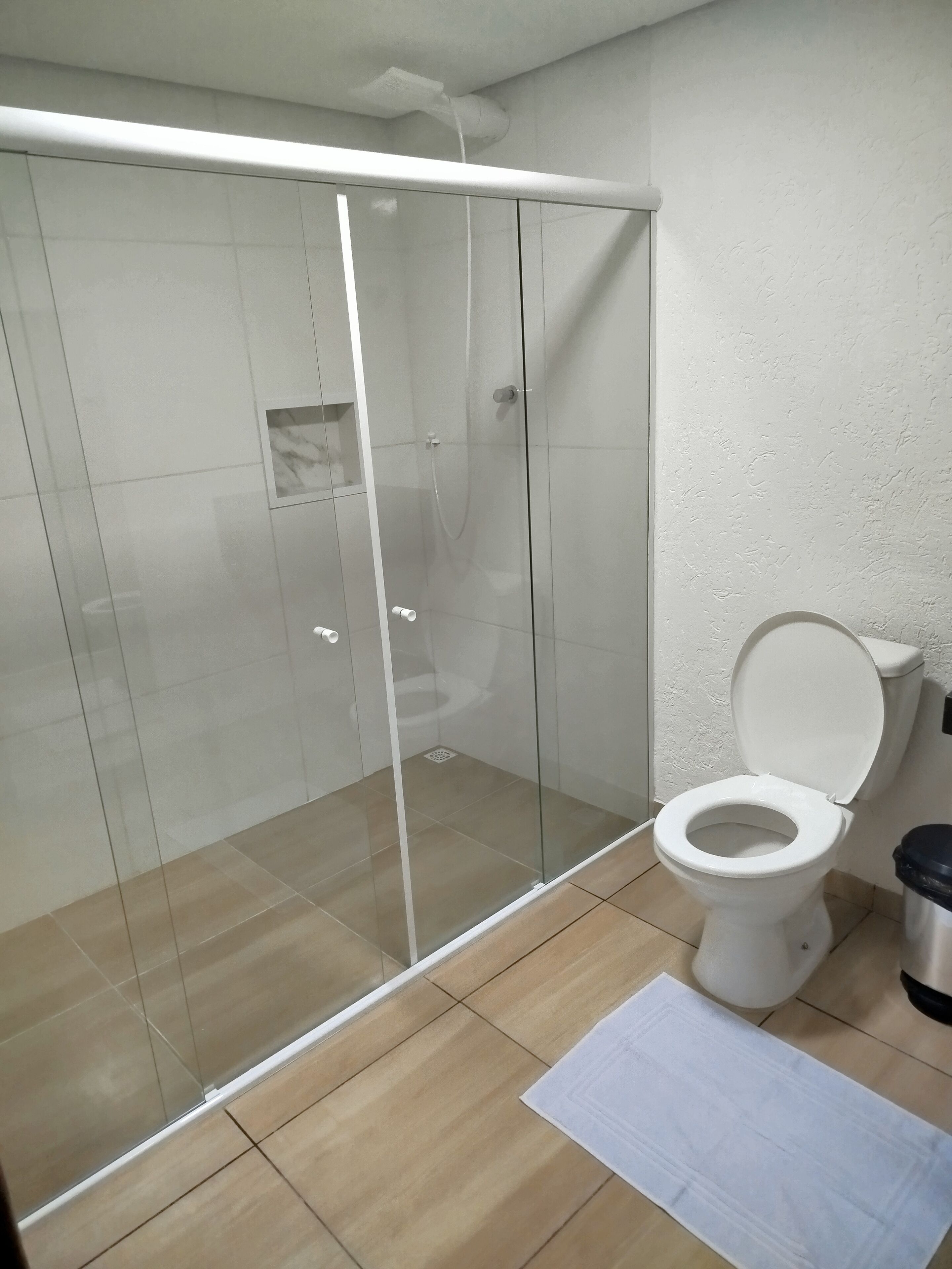 A bathroom with a glass-enclosed shower, a toilet, and a trash bin.