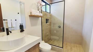 Shower, hair dryer, towels, soap