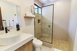 Shower, hair dryer, towels, soap