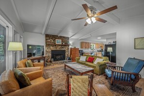 Smart TV, fireplace, books