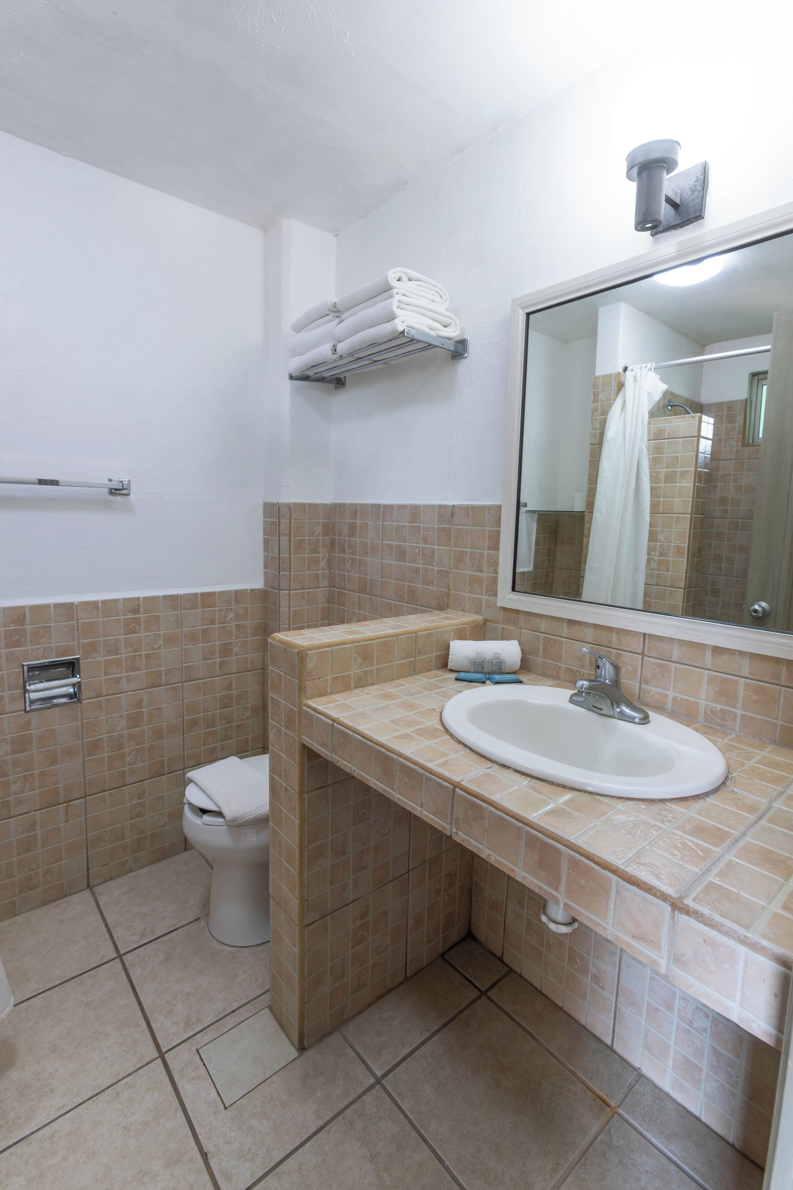 A bathroom with a white sink, a mirror, and a toilet.