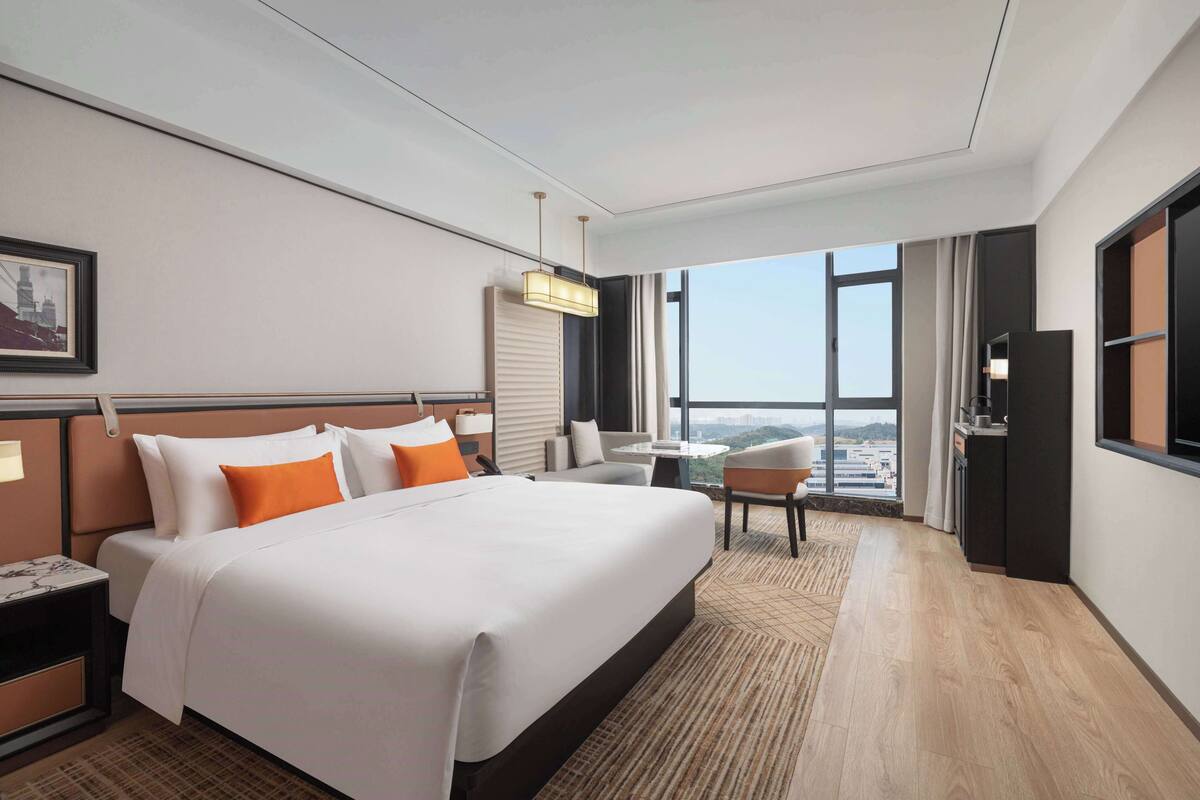 A hotel room with a large bed, a desk, a chair, a TV, and a view of the city.