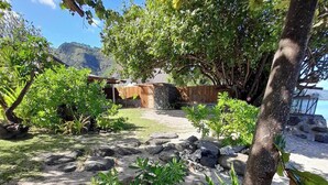 Un jardin tropical avec un sentier en pierre, diverses plantes et une structure en bois en arrière-plan.