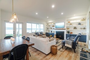 TV, fireplace, books