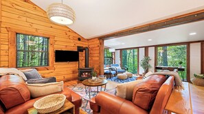 Smart TV, fireplace, books