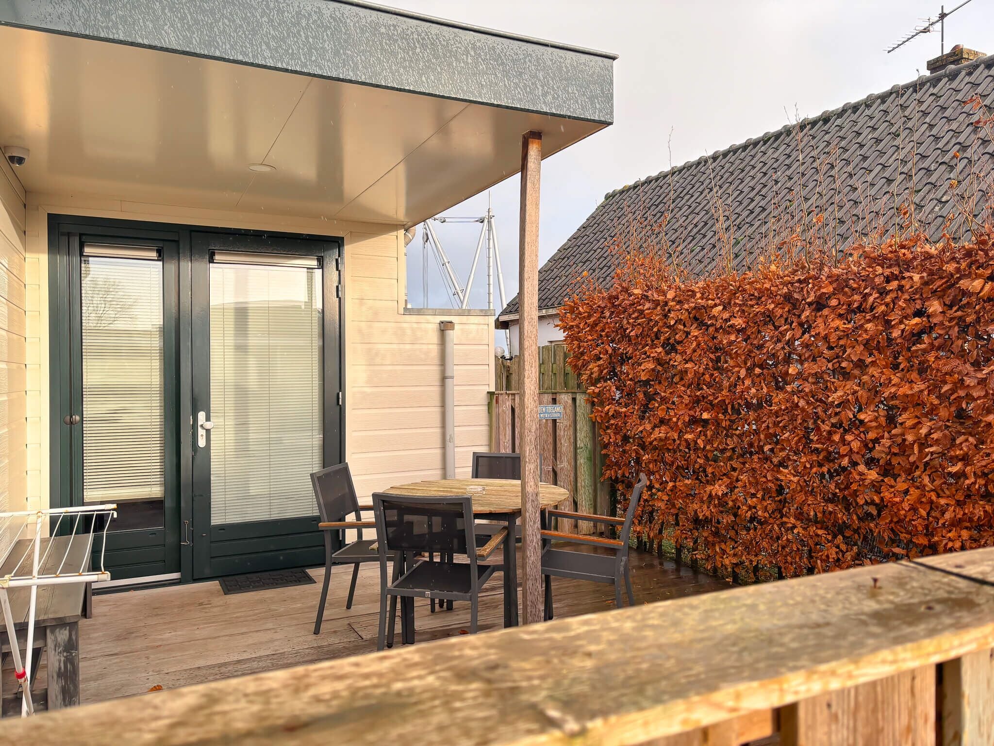 A covered patio with a table and chairs, a sliding glass door, and a hedge of autumn leaves.