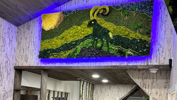 A modern interior with a wooden staircase, a dining area, and a mural on the ceiling. - A & W Goat Villa at Billy Goat Mountain Village (Williamson)