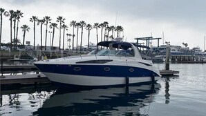 A boat docked at a marina with palm trees in the background. - A romantic night for couples in the yacht in Marina del Rey, Los Angeles (Marina del Rey)