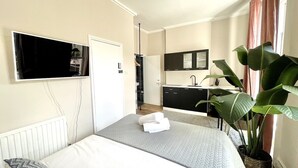 A hotel room with a bed, a TV mounted on the wall, a sink, and a large plant.