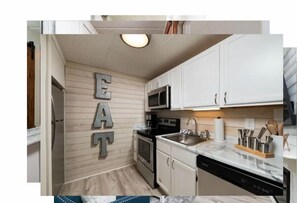 Enjoy cooking in this well-equipped kitchen with a stainless steel sink, microwave, and oven.