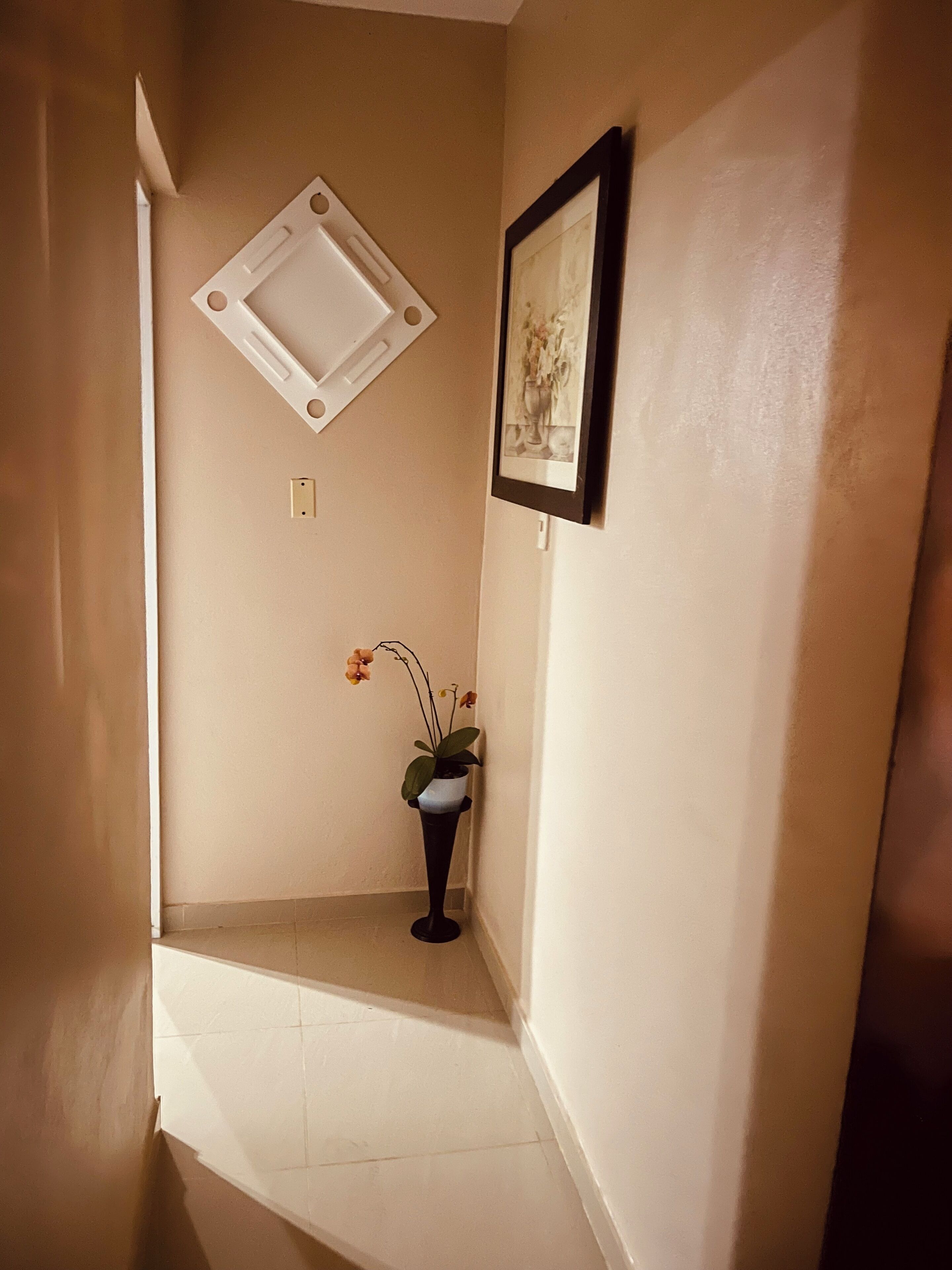 Un coin de pièce avec un mur blanc, un tableau encadré et une plante en pot ornée de fleurs.